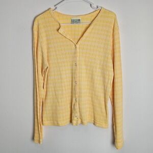Fresh Produce Cardigan Sz L Accent Button Front Sweater Yellow Striped USA VTG‎